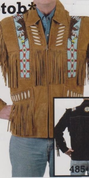 Men’s Beaded Suede Jacket - Sizes Small to 4XLarge - Color Tobacco Brown Front - Black back inset